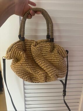 Woven Straw Tote Bag with Black Trim - Natural